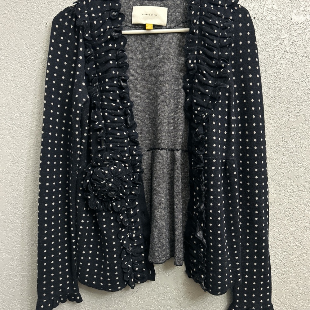 Anthropologie leifsdottir polka dot wool navy ruffle trim cardigan